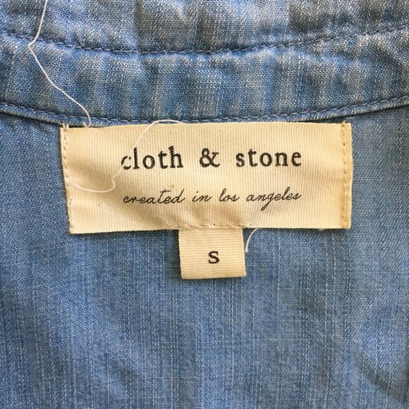 CLOTH & STONE Anthropologie Blue High Low Fringe Hem Chambray Button Shirt Dress - Picture 2 of 16